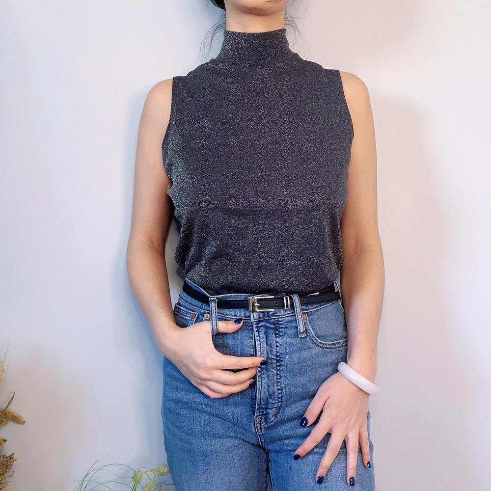 Mock Neck Black & Silver Metallic Sleeveless Top